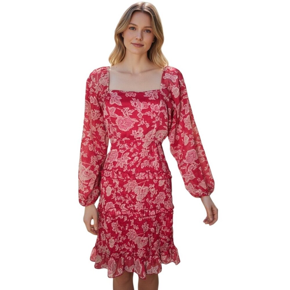 Sim & Sam Pink Floral Puff Sleeve Tiered Ruffle Above-Knee Smocked Dress S